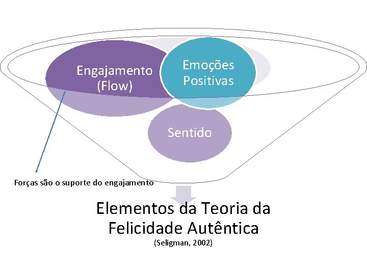 Engajamento (Flow) Emoções Positivas Sentido Forças são o suporte do engajamento Elementos da Teoria