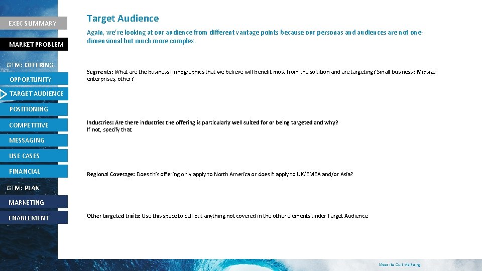 EXEC SUMMARY Target Audience MARKET PROBLEM Again, we’re looking at our audience from different