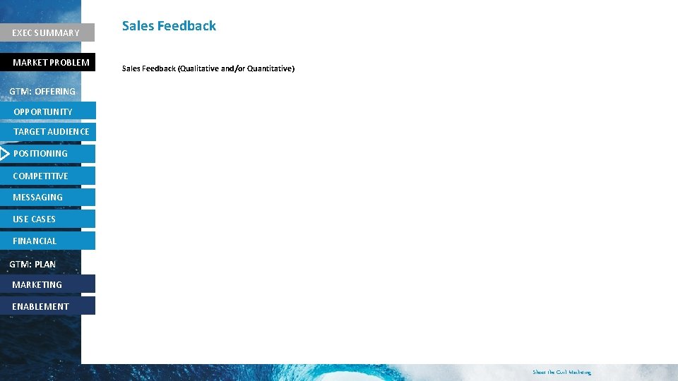 EXEC SUMMARY MARKET PROBLEM Sales Feedback (Qualitative and/or Quantitative) GTM: OFFERING OPPORTUNITY TARGET AUDIENCE