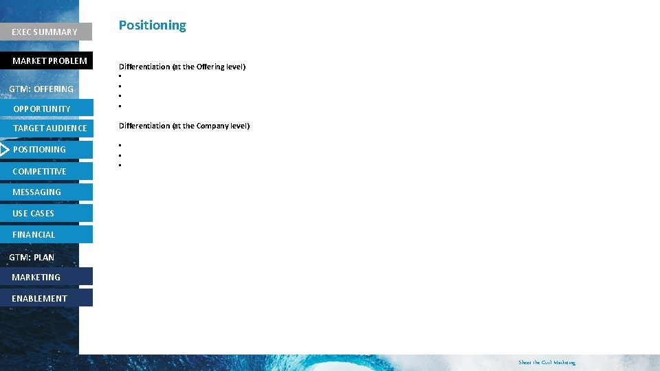 EXEC SUMMARY MARKET PROBLEM Positioning OPPORTUNITY Differentiation (at the Offering level) • • TARGET