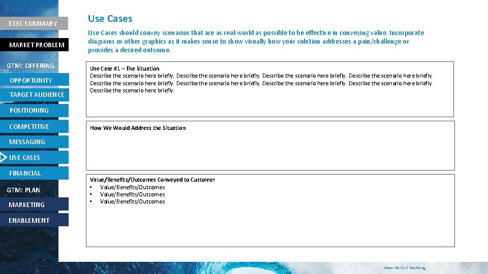 EXEC SUMMARY MARKET PROBLEM GTM: OFFERING OPPORTUNITY TARGET AUDIENCE Use Cases should convey scenarios