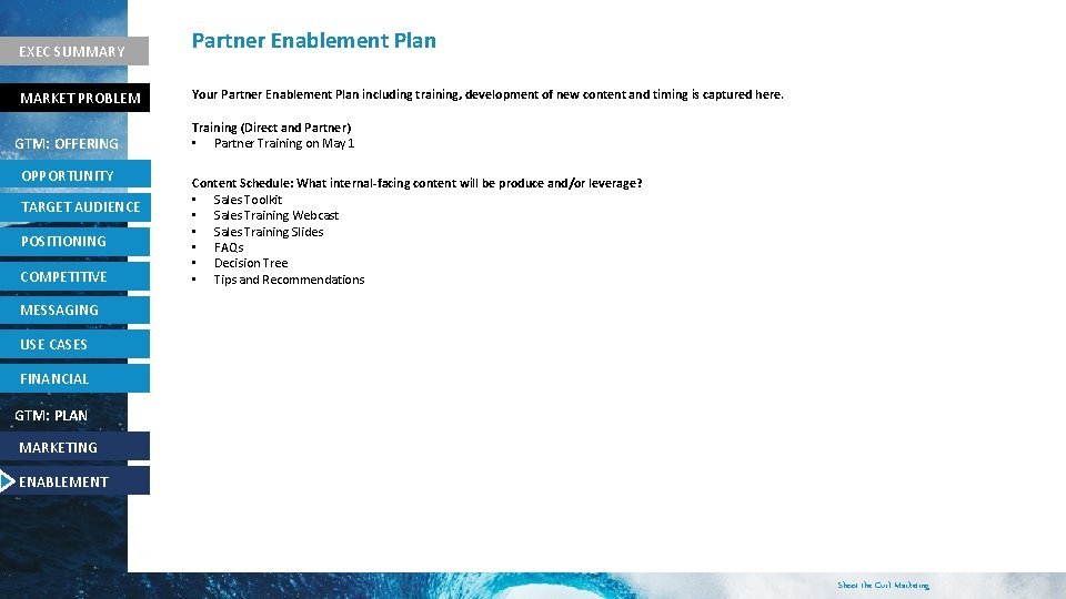EXEC SUMMARY Partner Enablement Plan MARKET PROBLEM Your Partner Enablement Plan including training, development
