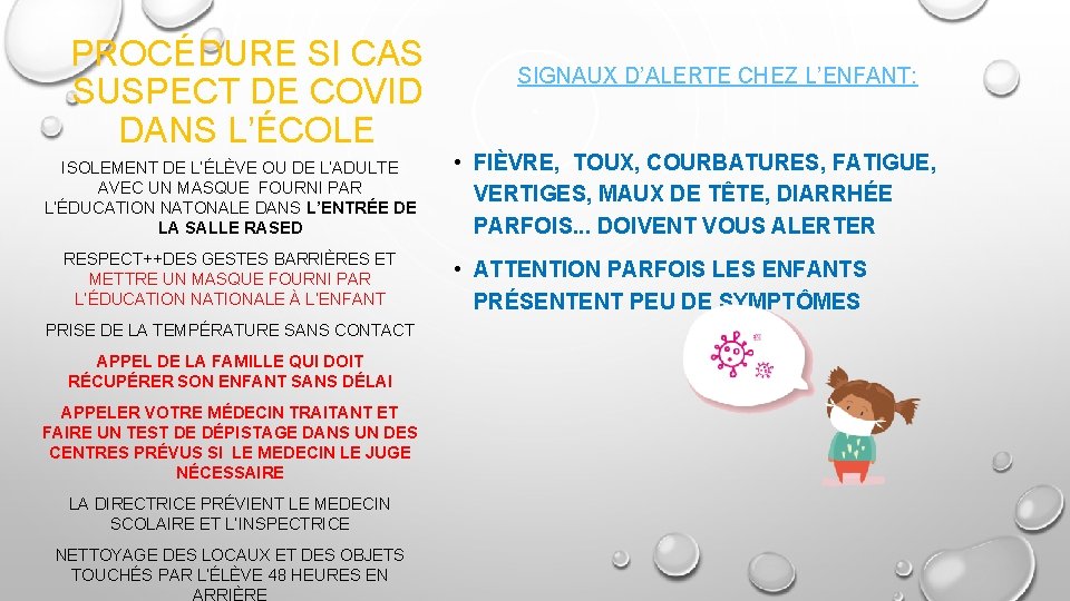 PROCÉDURE SI CAS SUSPECT DE COVID DANS L’ÉCOLE ISOLEMENT DE L’ÉLÈVE OU DE L’ADULTE