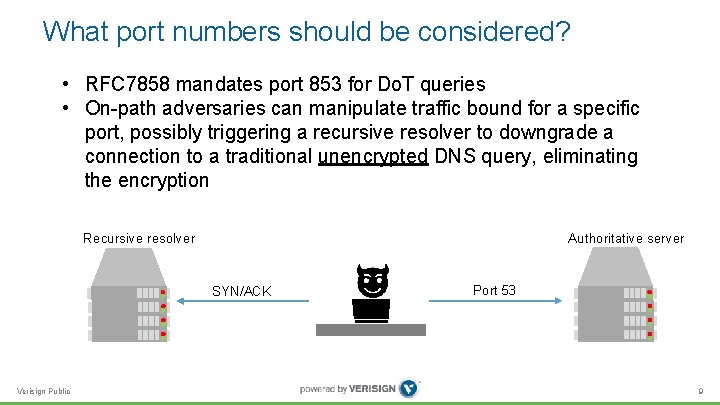 What port numbers should be considered? • RFC 7858 mandates port 853 for Do. What port numbers should be considered? • RFC 7858 mandates port 853 for Do.
