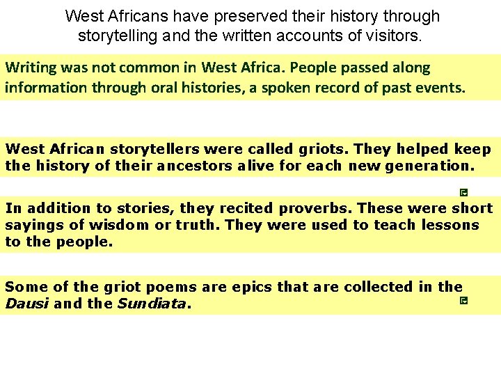 West Africans have preserved their history through storytelling and the written accounts of visitors. West Africans have preserved their history through storytelling and the written accounts of visitors.