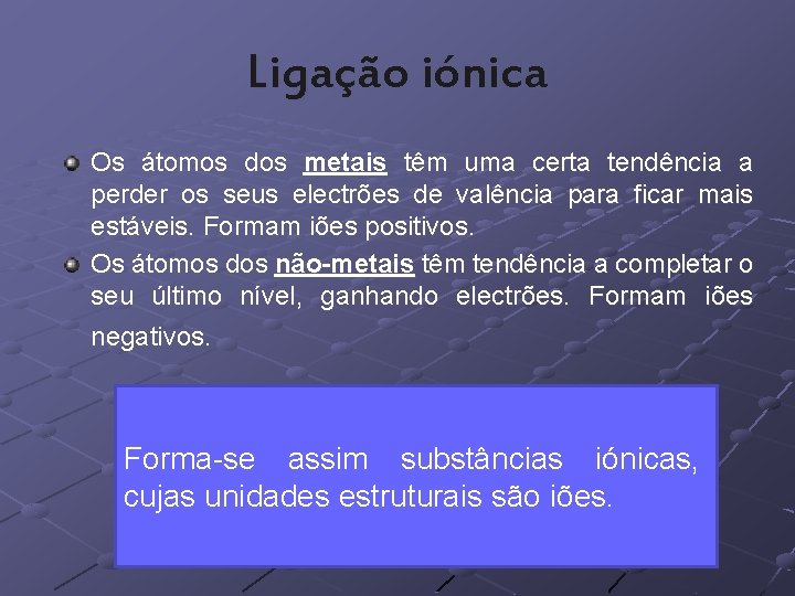 Ligação iónica Os átomos dos metais têm uma certa tendência a perder os seus