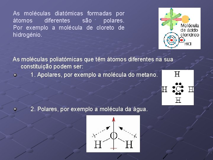 As moléculas diatómicas formadas por átomos diferentes são polares. Por exemplo a molécula de