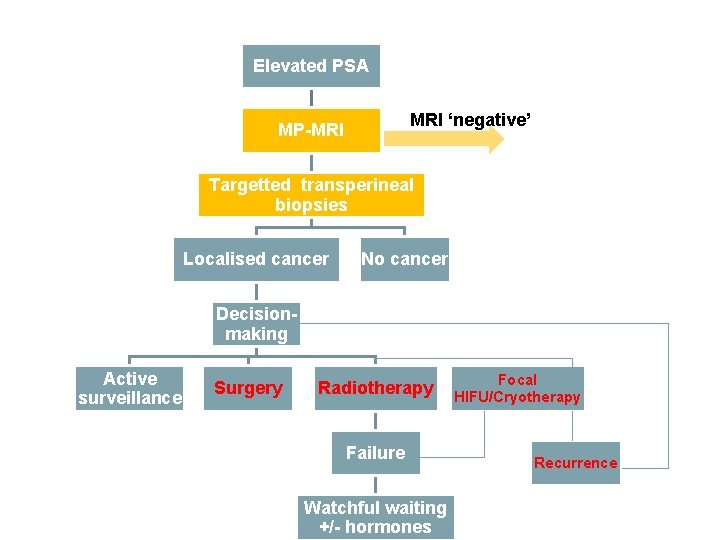 The new pathway…? Elevated PSA MRI ‘negative’ MP-MRI Targetted transperineal biopsies Localised cancer No