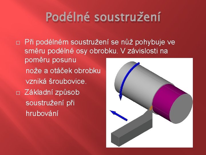 Podélné soustružení � � Při podélném soustružení se nůž pohybuje ve směru podélné osy