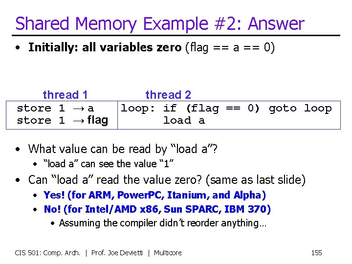 Shared Memory Example #2: Answer • Initially: all variables zero (flag == a ==