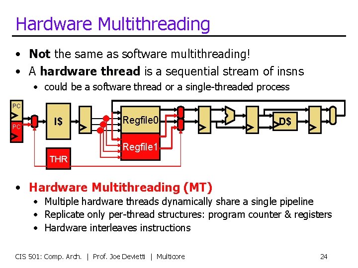 Hardware Multithreading • Not the same as software multithreading! • A hardware thread is