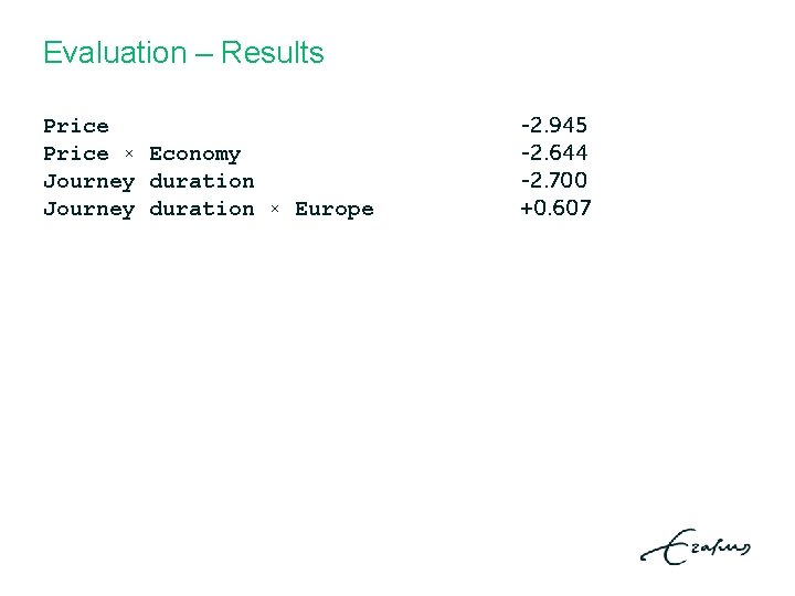 Evaluation – Results Price × Economy Journey duration × Europe -2. 945 -2. 644 Evaluation – Results Price × Economy Journey duration × Europe -2. 945 -2. 644