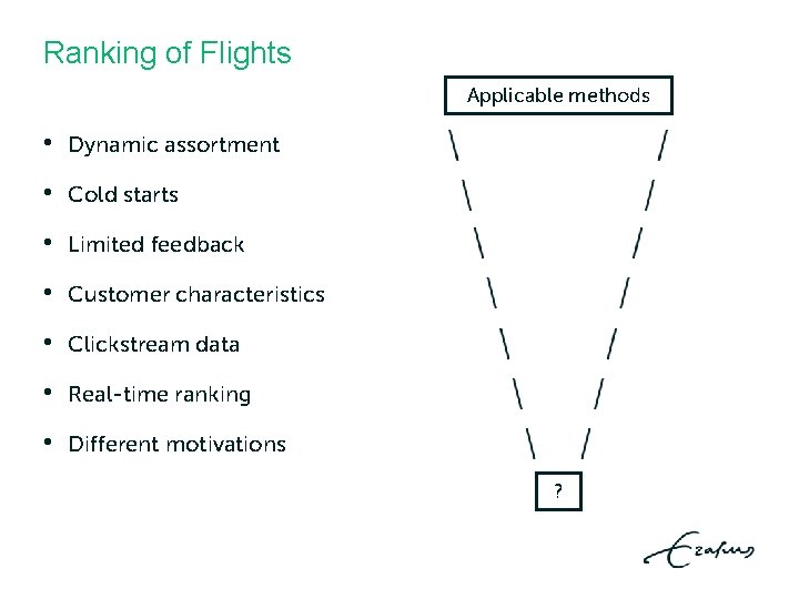 Ranking of Flights Applicable methods • Dynamic assortment • Cold starts • Limited feedback Ranking of Flights Applicable methods • Dynamic assortment • Cold starts • Limited feedback