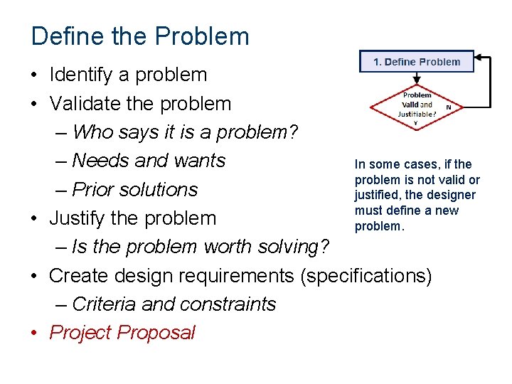 Define the Problem • Identify a problem • Validate the problem – Who says