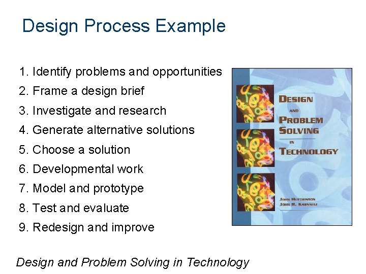 Design Process Example 1. Identify problems and opportunities 2. Frame a design brief 3.