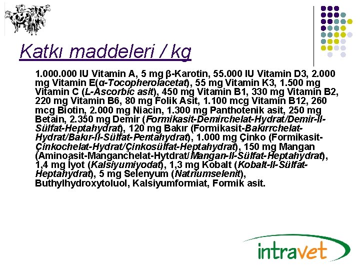 Katkı maddeleri / kg 1. 000 IU Vitamin A, 5 mg β-Karotin, 55. 000