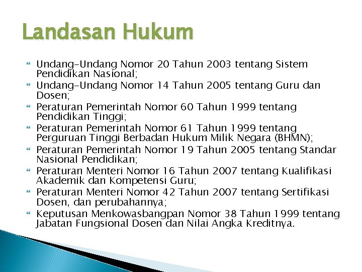 Landasan Hukum Undang-Undang Nomor 20 Tahun 2003 tentang Sistem Pendidikan Nasional; Undang-Undang Nomor 14