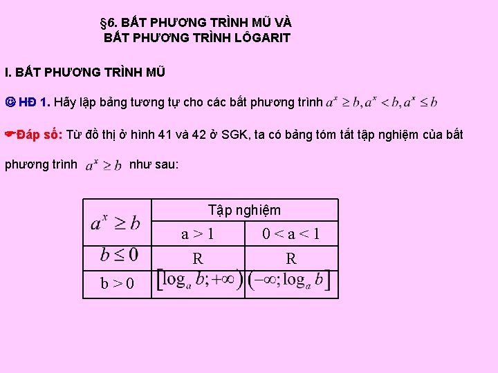 § 6. BẤT PHƯƠNG TRÌNH MŨ VÀ BẤT PHƯƠNG TRÌNH LÔGARIT I. BẤT PHƯƠNG