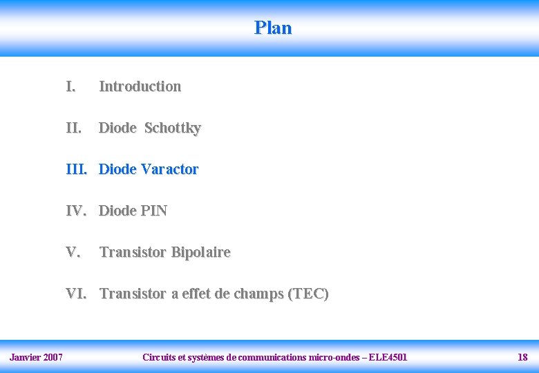 Plan I. Introduction II. Diode Schottky III. Diode Varactor IV. Diode PIN V. Transistor