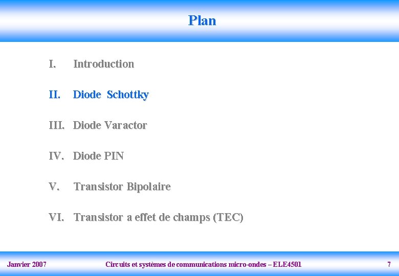 Plan I. Introduction II. Diode Schottky III. Diode Varactor IV. Diode PIN V. Transistor