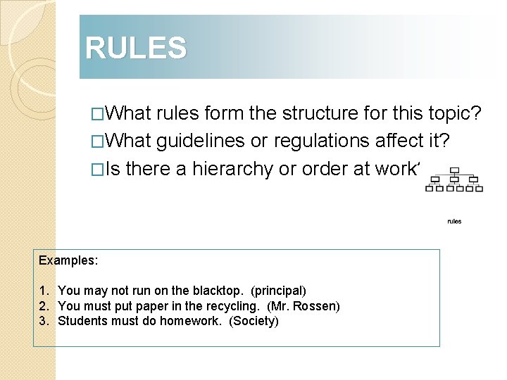 RULES �What rules form the structure for this topic? �What guidelines or regulations affect