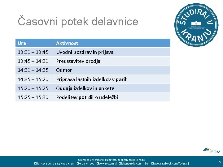 Časovni potek delavnice Ura Aktivnost 13: 30 – 13: 45 Uvodni pozdrav in prijava