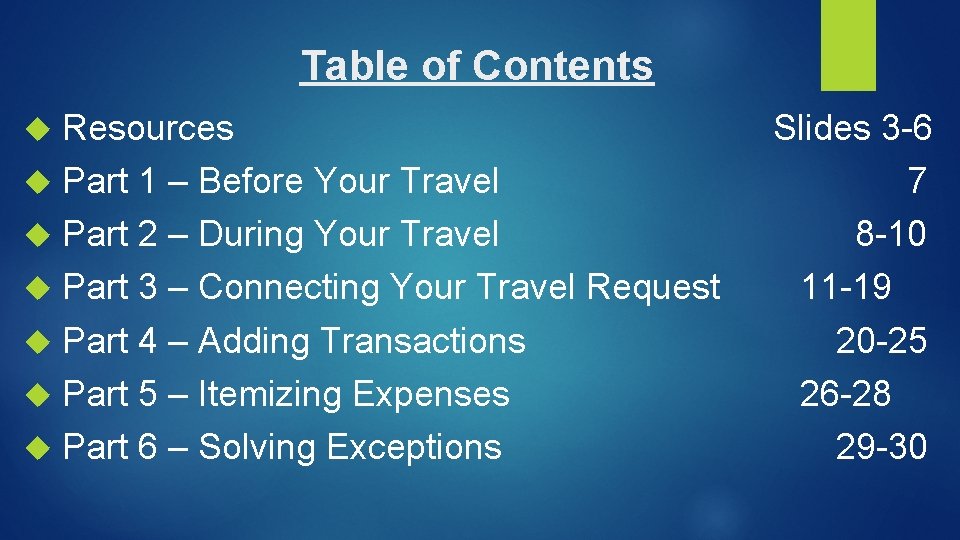 Table of Contents Resources Part 1 – Before Your Travel Part 2 – During