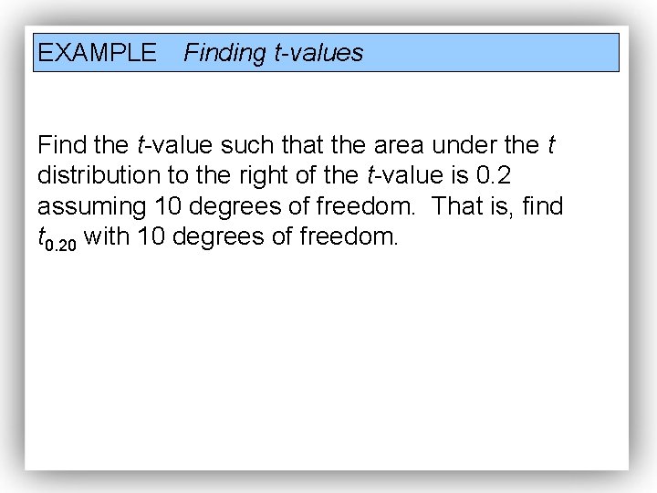 EXAMPLE Finding t-values Find the t-value such that the area under the t distribution