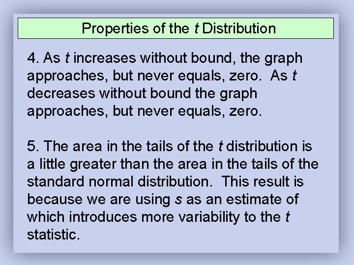 Properties of the t Distribution 4. As t increases without bound, the graph approaches,