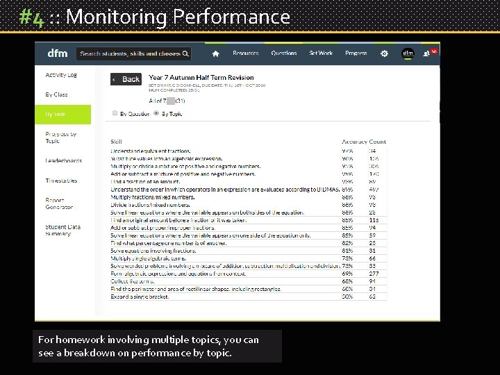#4 : : Monitoring Performance For homework involving multiple topics, you can see a
