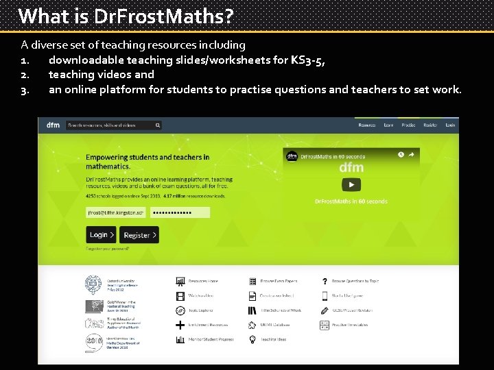 What is Dr. Frost. Maths? A diverse set of teaching resources including 1. downloadable