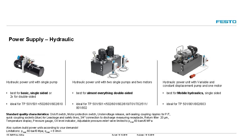 Power Supply – Hydraulic power unit with single pump Hydraulic power unit with two