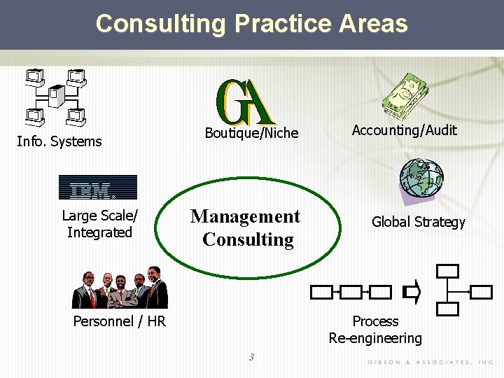 Consulting Practice Areas Info. Systems Large Scale/ Integrated Boutique/Niche Management Consulting Personnel / HR