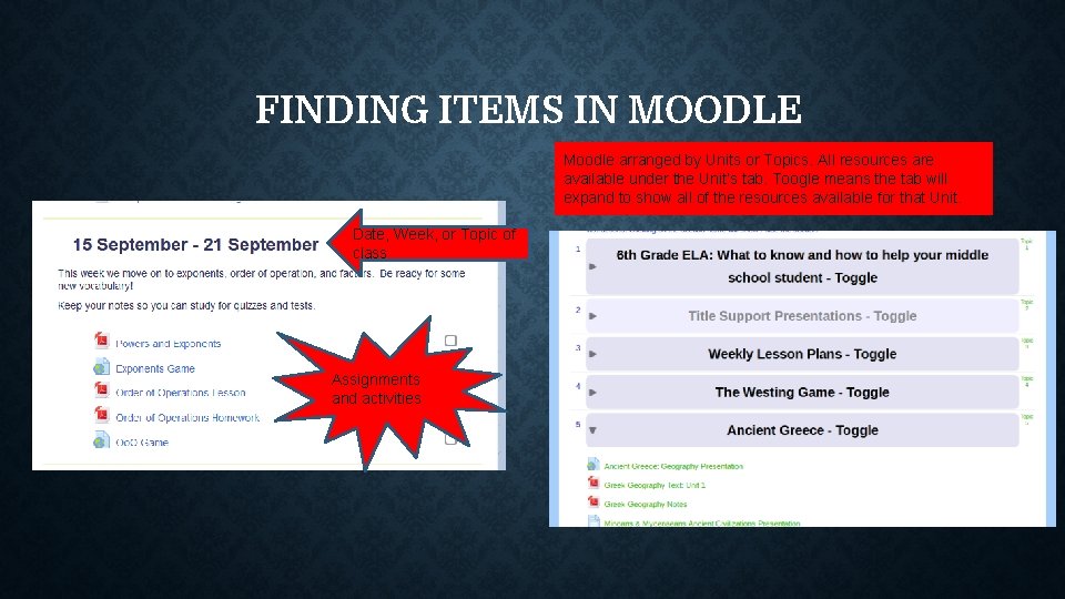 FINDING ITEMS IN MOODLE Moodle arranged by Units or Topics. All resources are available