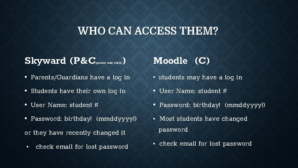 WHO CAN ACCESS THEM? Skyward (P&C -parent and child ) Moodle (C) • Parents/Guardians