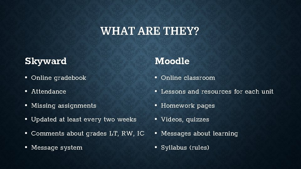 WHAT ARE THEY? Skyward Moodle • Online gradebook • Online classroom • Attendance •