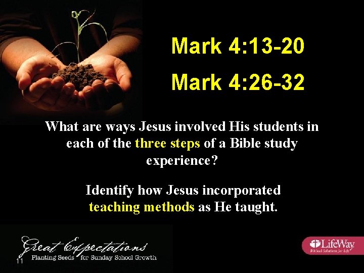 Mark 4: 13 -20 Mark 4: 26 -32 What are ways Jesus involved His