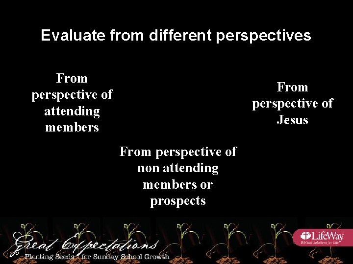 Evaluate from different perspectives From perspective of attending members From perspective of Jesus From