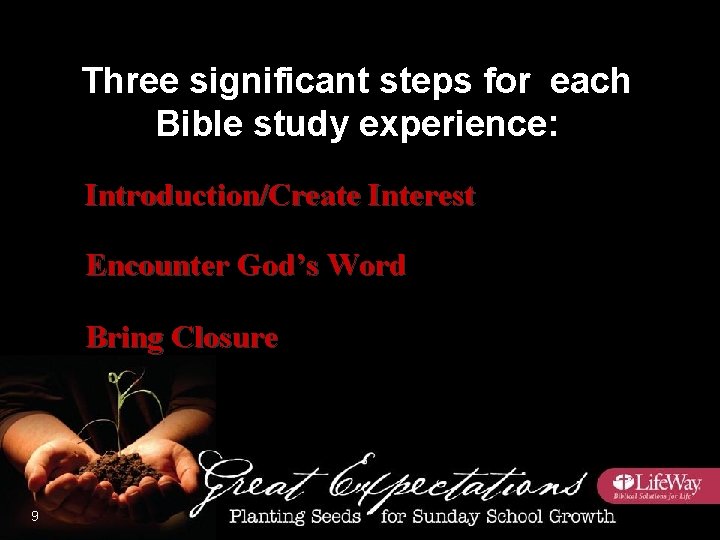 Three significant steps for each Bible study experience: Introduction/Create Interest Encounter God’s Word Bring