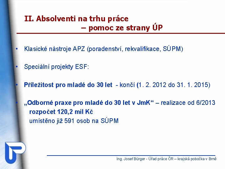 II. Absolventi na trhu práce – pomoc ze strany ÚP • Klasické nástroje APZ