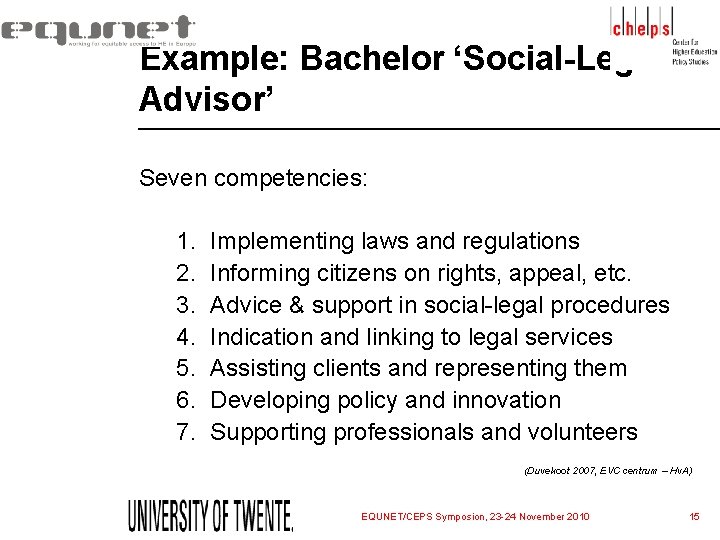 Example: Bachelor ‘Social-Legal Advisor’ Seven competencies: 1. 2. 3. 4. 5. 6. 7. Implementing Example: Bachelor ‘Social-Legal Advisor’ Seven competencies: 1. 2. 3. 4. 5. 6. 7. Implementing