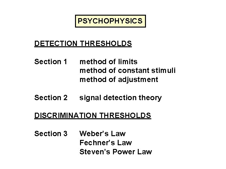PSYCHOPHYSICS DETECTION THRESHOLDS Section 1 method of limits method of constant stimuli method of