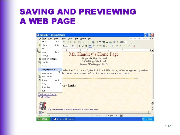 SAVING AND PREVIEWING A WEB PAGE 102 