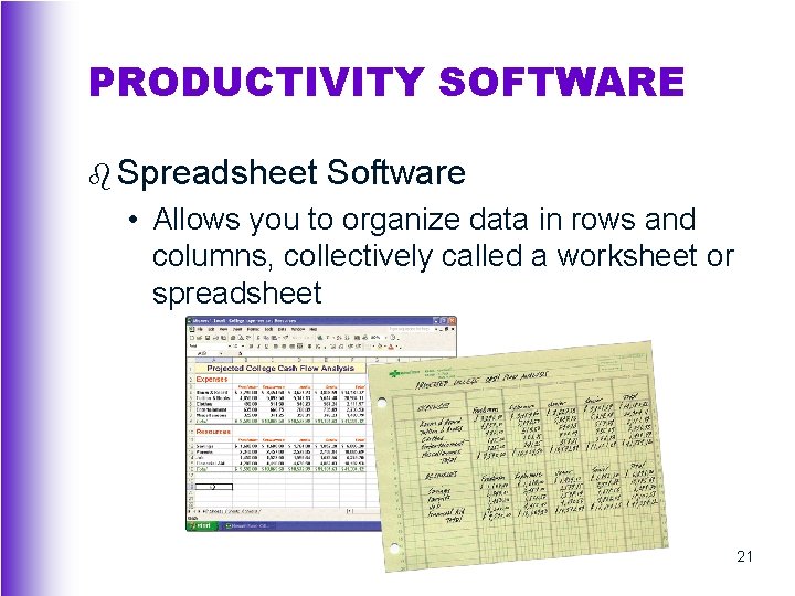 PRODUCTIVITY SOFTWARE b Spreadsheet Software • Allows you to organize data in rows and