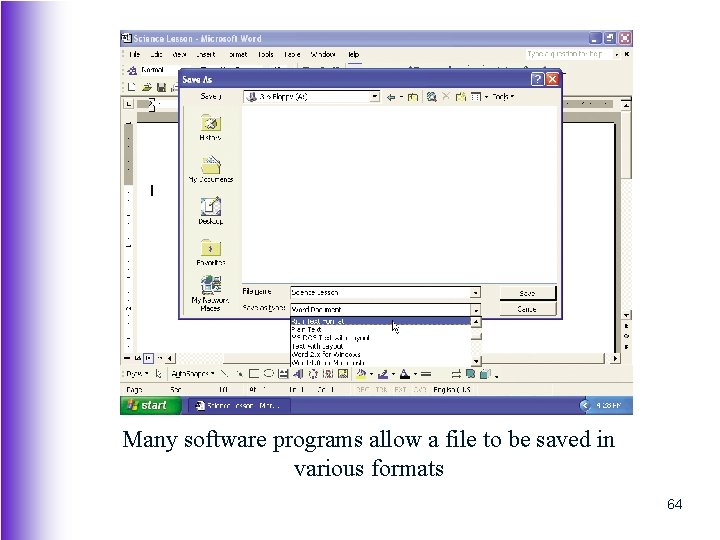 Many software programs allow a file to be saved in various formats 64 