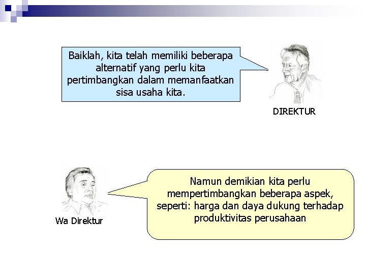 Baiklah, kita telah memiliki beberapa alternatif yang perlu kita pertimbangkan dalam memanfaatkan sisa usaha