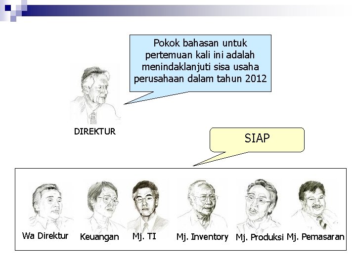Pokok bahasan untuk pertemuan kali ini adalah menindaklanjuti sisa usaha perusahaan dalam tahun 2012