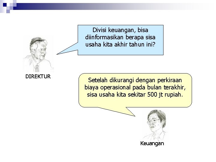 Divisi keuangan, bisa diinformasikan berapa sisa usaha kita akhir tahun ini? DIREKTUR Setelah dikurangi