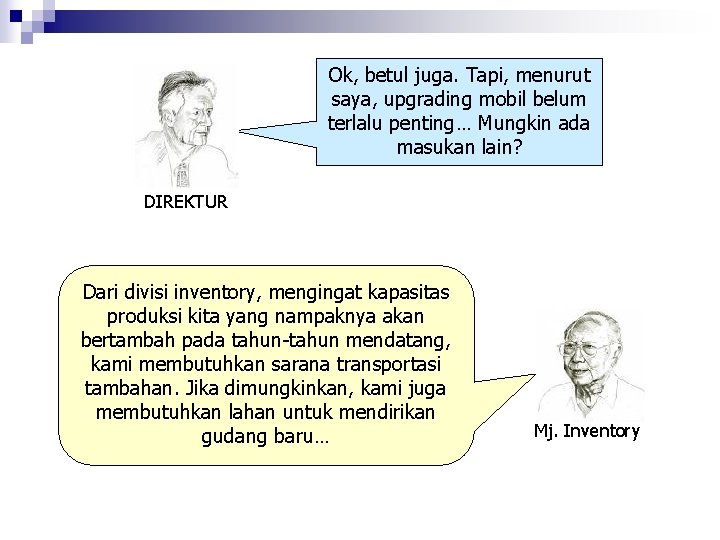 Ok, betul juga. Tapi, menurut saya, upgrading mobil belum terlalu penting… Mungkin ada masukan