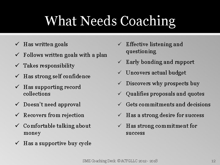 What Needs Coaching ü Has written goals ü Effective listening and ü Follows written